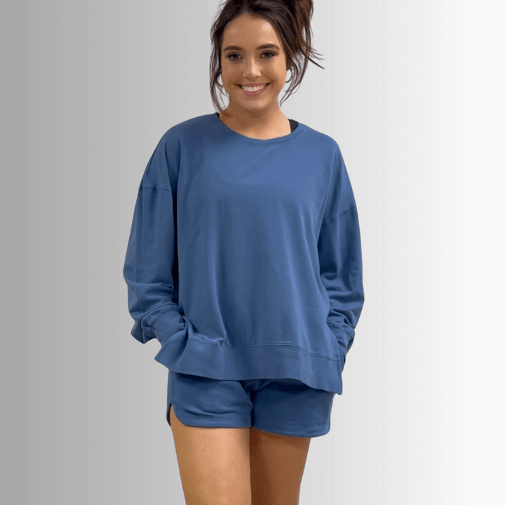 USA Made Ladies Premium Garment Washed French Terry Shorts with Elastic & Drawstring Waist in Denim Blue in 100% Cotton | Classy Cozy Cool Women's Made in America Clothing Boutique