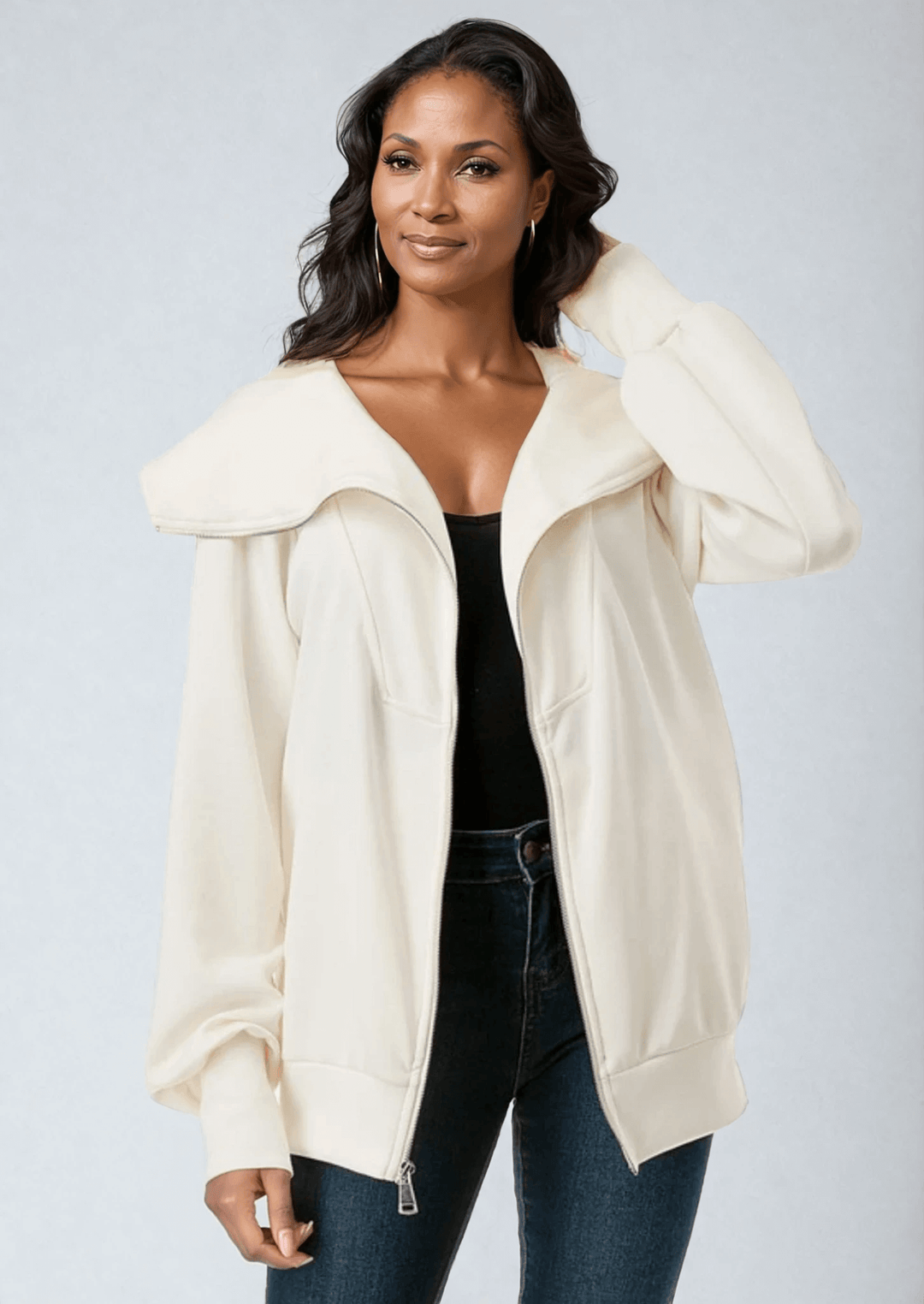 Made in USA Women's Super Soft Scuba Fabric Relaxed Fit Zip Front Jacket with Big Collar and Side Pockets, Material Compares to LuLulemon Scuba Line, Wrinkle, Available in Black and Ivory