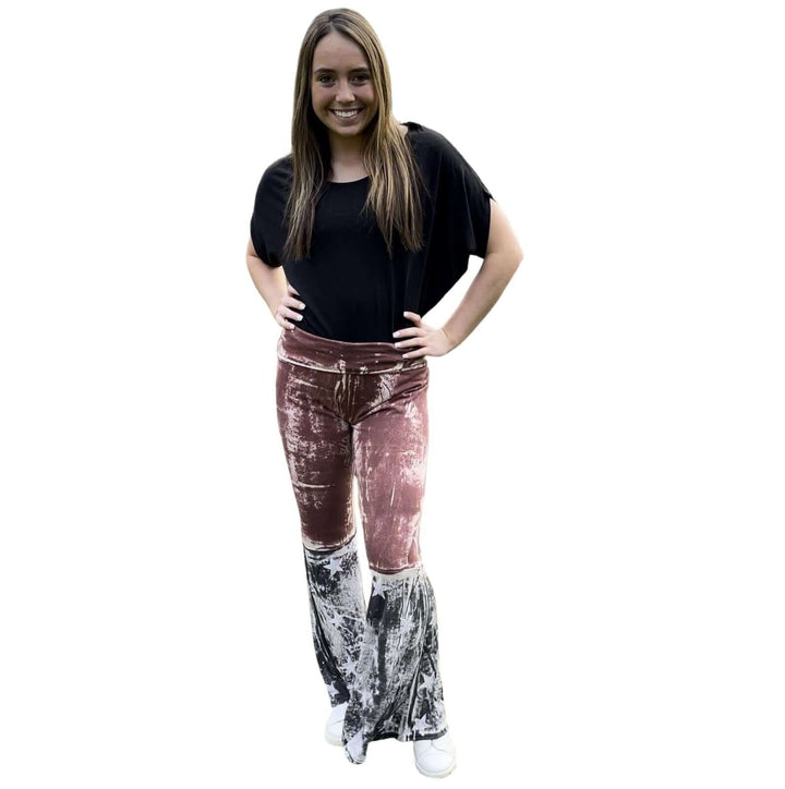 T-Party Ladies Distressed Cotton American Flag Boot Cut Patriotic 4th of July Fold Over Waist Flare Leg Pants | Made in USA | Classy Cozy Cool Women's American Clothing Boutique