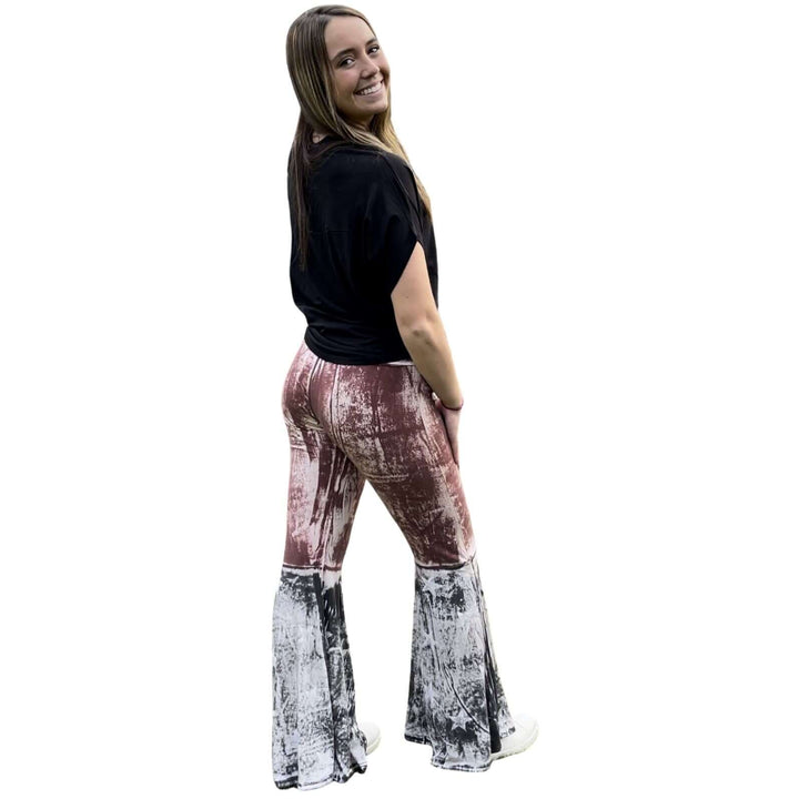 T-Party Ladies Distressed Cotton American Flag Boot Cut Patriotic 4th of July Fold Over Waist Flare Leg Pants | Made in USA | Classy Cozy Cool Women's American Clothing Boutique