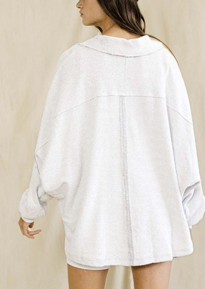 Ladies Cotton Oversized Henley With Contrast Detail and Large Front Pockets in Light Grey with Brown Contrast  | Made in USA | Bucket List Clothing Style# T1578