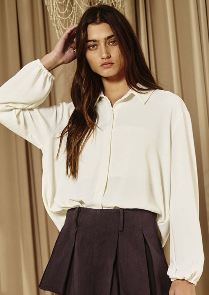 Bucket List Clothing Style# T1943 | Ladies Solid Dressy Button Down Top with Bubble Sleeves in Cream Color | Made in USA | Classy Cozy Cool American Made Women's Clothing Boutique