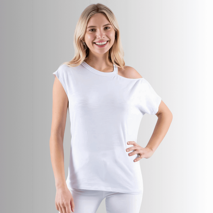 Made in USA Women's Cotton Mixed Emotions Asymmetrical T-Shirt | Half Muscle Tee and Half Cold Shoulder Tee in White | Renee C Style 3982TP | Classy Cozy Cool Made in America Boutique