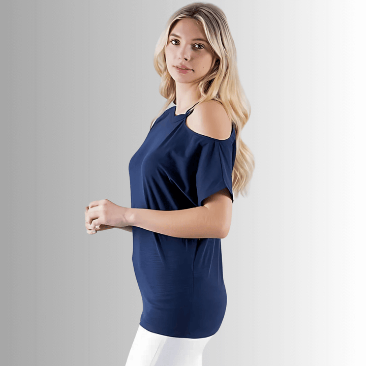 Made in USA Women's Cotton Mixed Emotions Asymmetrical T-Shirt | Half Muscle Tee and Half Cold Shoulder Tee in Navy | Renee C Style 3982TP | Classy Cozy Cool Made in America Boutique