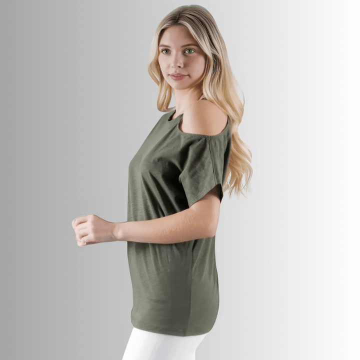 Made in USA Women's Cotton Mixed Emotions Asymmetrical T-Shirt | Half Muscle Tee and Half Cold Shoulder Tee in Olive | Renee C Style 3982TP | Classy Cozy Cool Made in America Boutique