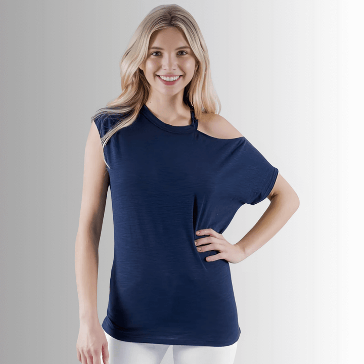 Made in USA Women's Cotton Mixed Emotions Asymmetrical T-Shirt | Half Muscle Tee and Half Cold Shoulder Tee in Navy | Renee C Style 3982TP | Classy Cozy Cool Made in America Boutique