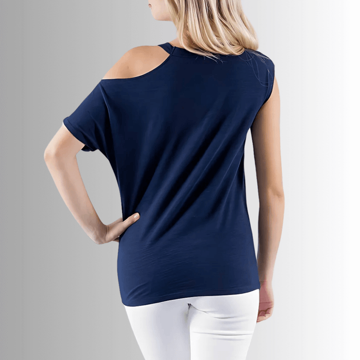 Made in USA Women's Cotton Mixed Emotions Asymmetrical T-Shirt | Half Muscle Tee and Half Cold Shoulder Tee in Navy | Renee C Style 3982TP | Classy Cozy Cool Made in America Boutique