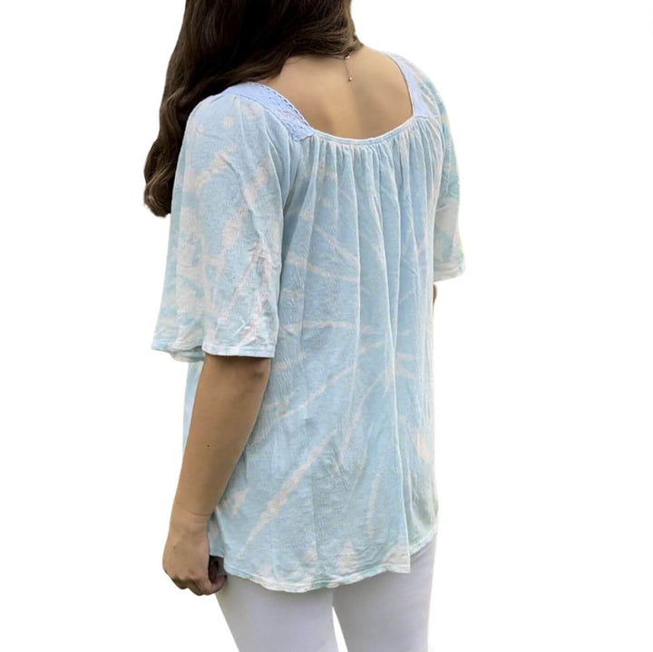 USA Made Ladies Light Blue & White Tie Dyed Square Neck Gauze Super Soft Cotton Flowy Top | Classy Cozy Cool Women's Made in America Boutique