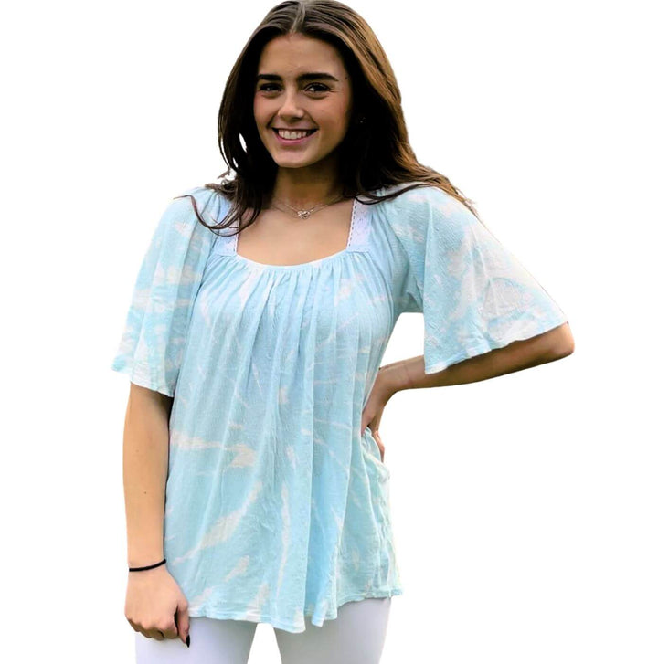 USA Made Ladies Light Blue & White Tie Dyed Square Neck Gauze Super Soft Cotton Flowy Top | Classy Cozy Cool Women's Made in America Boutique