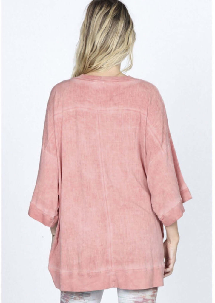 USA Made Ladies Oversized Asymmetrical Hemline Tunic Top with Kimono Style Sleeves in Sienna Color | Classy Cozy Cool Women's Made in America Clothing Boutique