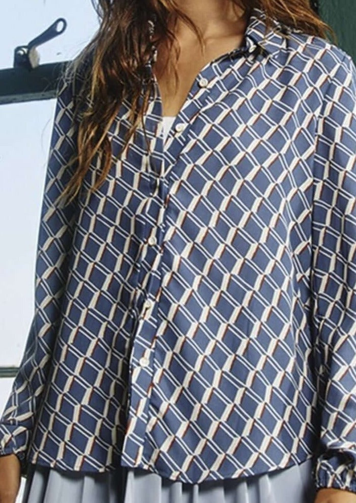 Brand: Bucket List | French Blue, White & Rust Geometric Design Dressy Button Down Blouse | Style # T1540 | Classy Cozy Cool Made in America Boutique