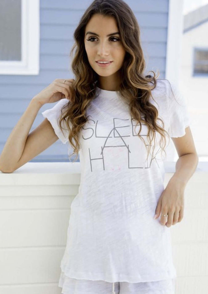 Sleepaholik Ladies Thin Line Logo Sleep Tee. Proudly made in USA with Vintage Cotton Made in the USA. Classy Cozy Cool Women's American Boutique