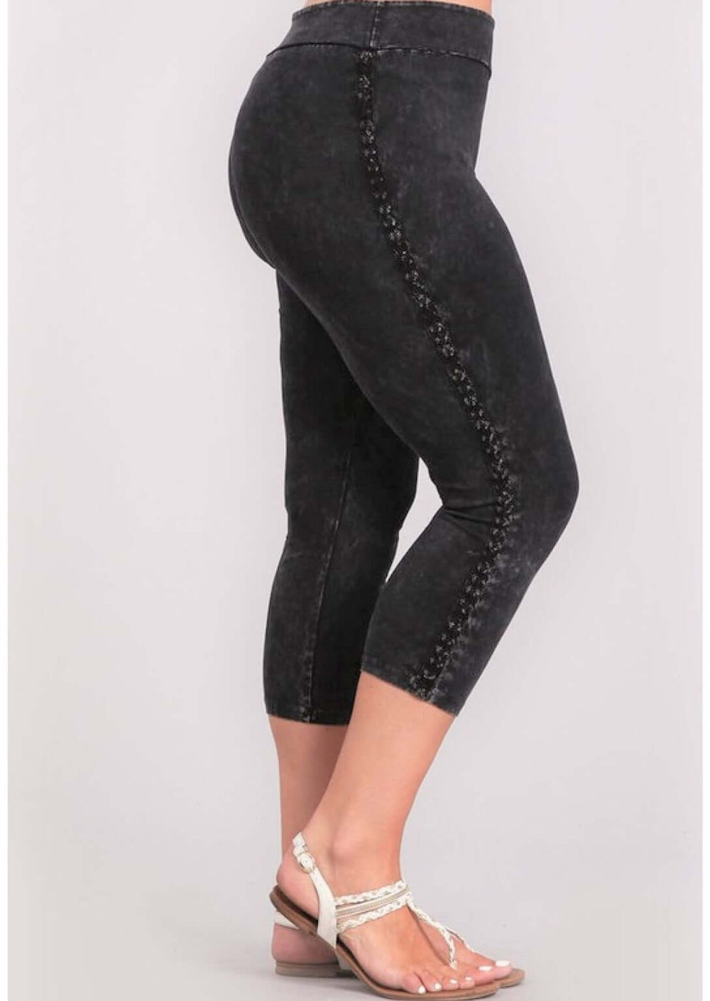 Black Chatoyant Mineral Washed Plus Size Capri Leggings with Crochet Lace Side Stripe | Style# P30342 | Made in USA | Classy Cozy Cool American Boutique