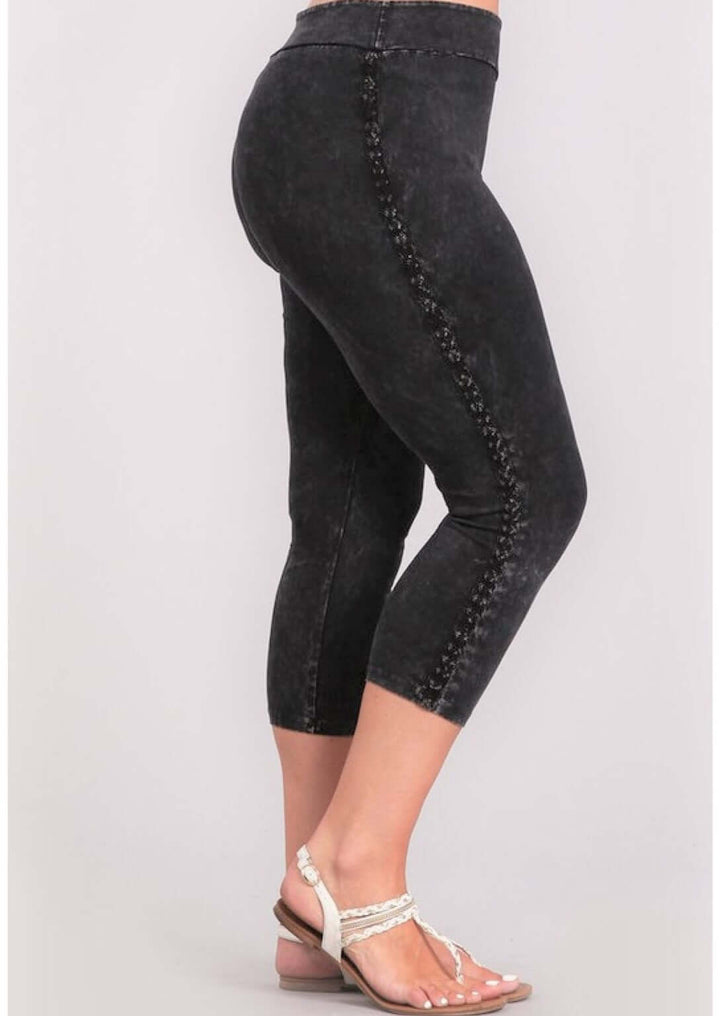 Black Chatoyant Mineral Washed Plus Size Capri Leggings with Crochet Lace Side Stripe | Style# P30342 | Made in USA | Classy Cozy Cool American Boutique