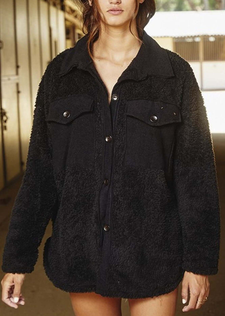 Bucket List Style T1861 Ladies Oversized Soft Teddy Bear Shirt Jacket Available in Black | Made in USA | Made in America Women's Boutique