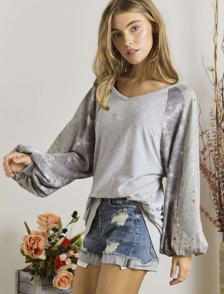 Ladies V-Neck Puff Sleeve Embellished Long Sleeve Gray Relaxed Fit Top with Metallic Star Detail on Sleeves | Made in USA