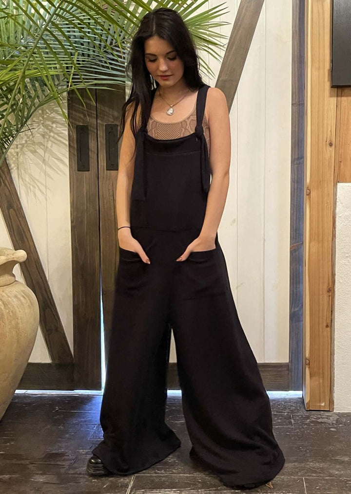 Bucket List Style# R5067 Ladies French Terry Black Overall Casual Fall Season Jumpsuit with Adjustable Straps  | Made in USA | Women's Made in America Boutique