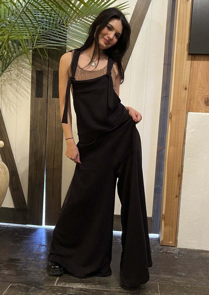 Bucket List Style# R5067 Ladies French Terry Black Overall Casual Fall Season Jumpsuit with Adjustable Straps  | Made in USA | Women's Made in America Boutique