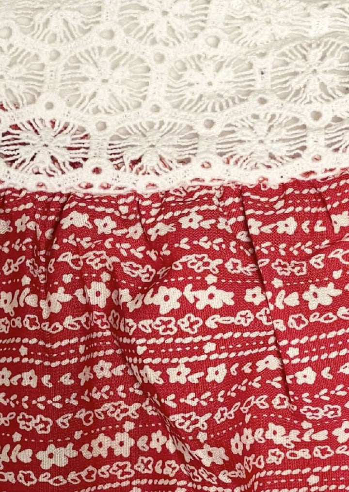 Red & Cream Lace Front Ladies Contrast Detail Tiered Maxi Sun Dress with Spaghetti straps and Side Pockets | Bucket List Style# D4010 | Made in USA
