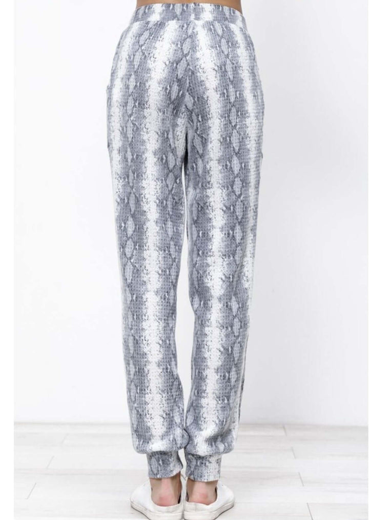 Mitto Shop Super Soft Snakeskin Pattern Pocket Joggers in Grey & White | Made in USA | Made in America Women's Clothing Boutique