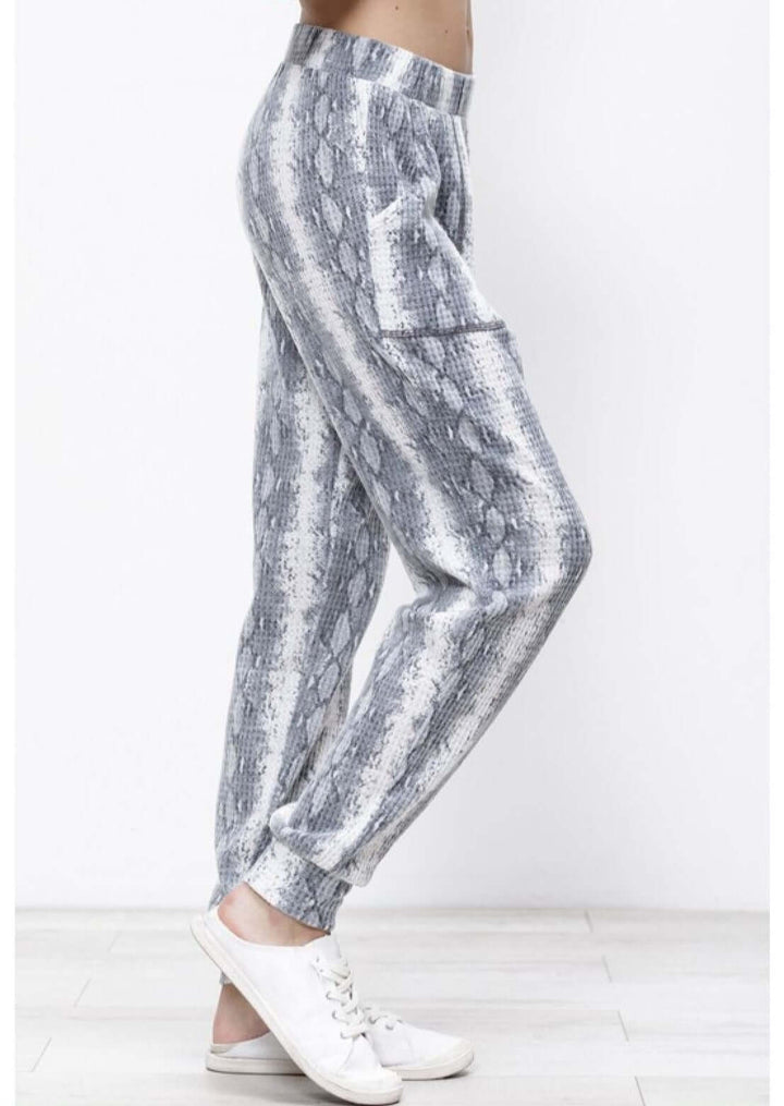 Mitto Shop Super Soft Snakeskin Pattern Pocket Joggers in Grey & White | Made in USA | Made in America Women's Clothing Boutique