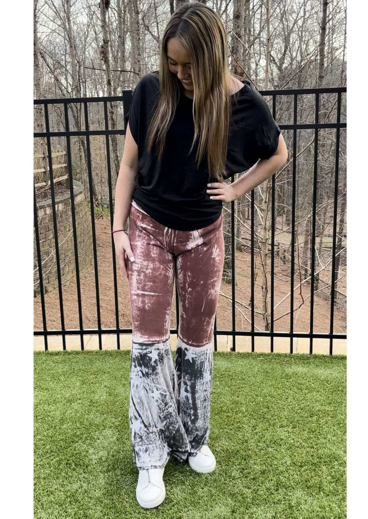 T-Party Ladies Distressed Cotton American Flag Boot Cut Patriotic 4th of July Fold Over Waist Flare Leg Pants | Made in USA | Classy Cozy Cool Women's American Clothing Boutique