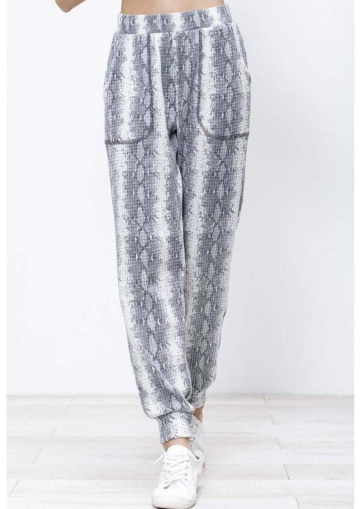Mitto Shop Super Soft Snakeskin Pattern Pocket Joggers in Grey & White | Made in USA | Made in America Women's Clothing Boutique