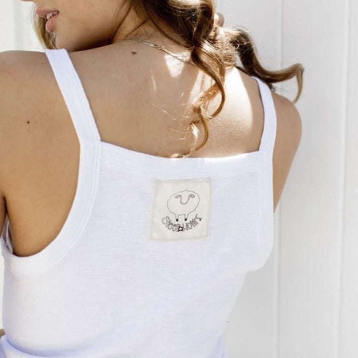 Sleepaholik Ladies White 100% Cotton Tank Top Made in USA with Fabric that is Made in USA! New Trendy Light & Luxurious Loungewear Line | Classy Cozy Cool Made in America Boutique