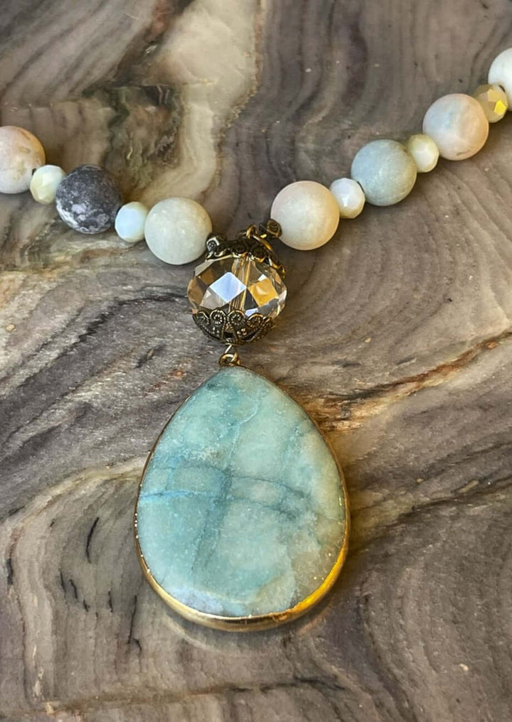 Ladies Turquoise Natural Stone Pendant Beaded Necklace. Handmade in USA, This beautiful piece has an adjustable heart clasp.