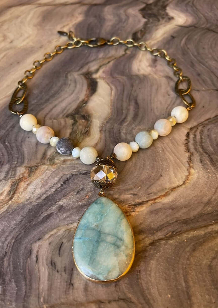 Ladies Turquoise Natural Stone Pendant Beaded Necklace. Handmade in USA, This beautiful piece has an adjustable heart clasp.