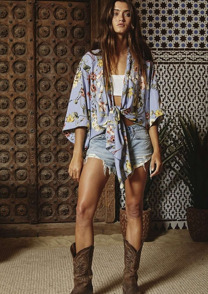 Bucket List Brand Indigo Blue with Floral Print Bohemian Inspired Tie Front Draped Silhouette Kimono  | Style # T1362 | Made in USA | Made in America Women's Boutique