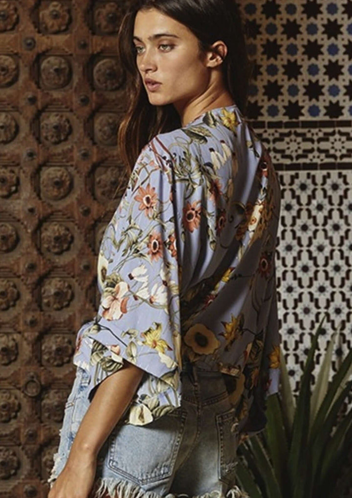 Bucket List Brand Indigo Blue with Floral Print Bohemian Inspired Tie Front Draped Silhouette Kimono  | Style # T1362 | Made in USA | Made in America Women's Boutique