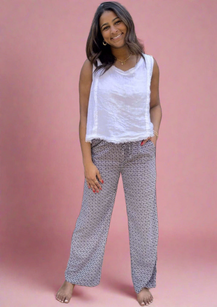 If She Loves Ladies Vintage Flower Pattern Relaxed Fit Pull-On Style Pants with Elastic Waist in Navy & White | Made in USA | Women's Made in America Boutique