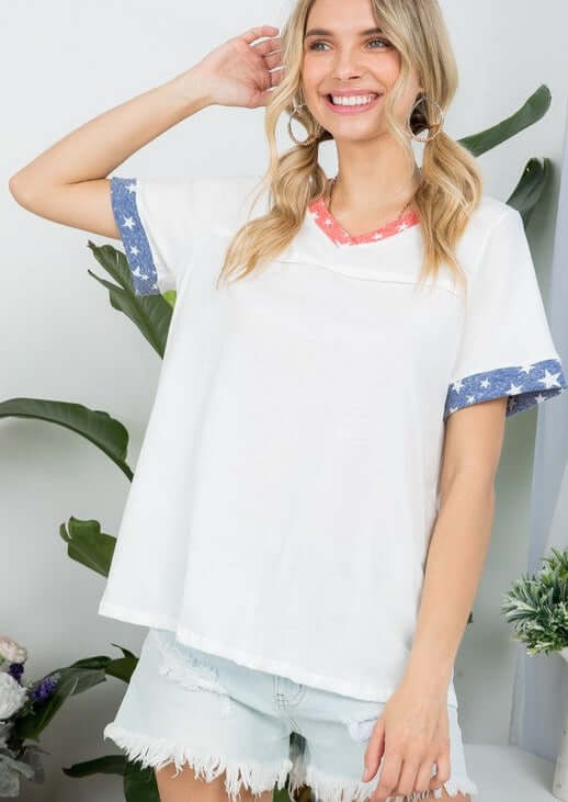 Made in USA Ladies Patriotic White V-Neck Stars Detail Essential Tee for 4th of July | Classy Cozy Cool Women's Made in America Clothing Boutique
