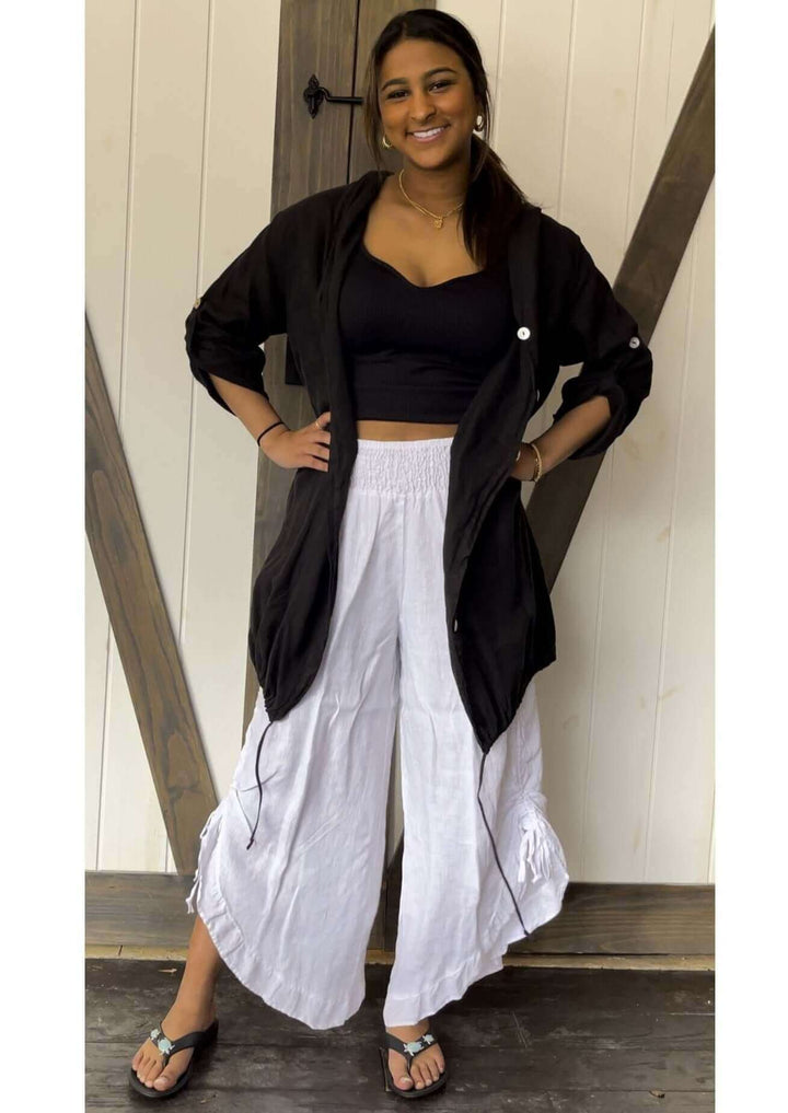 USA Made 100% Linen Ladies White Drawstring Hem Smocked Waist Gypsy Pants  | Match Point Style HLP118 | Classy Cozy Cool Women's Made in America Boutique