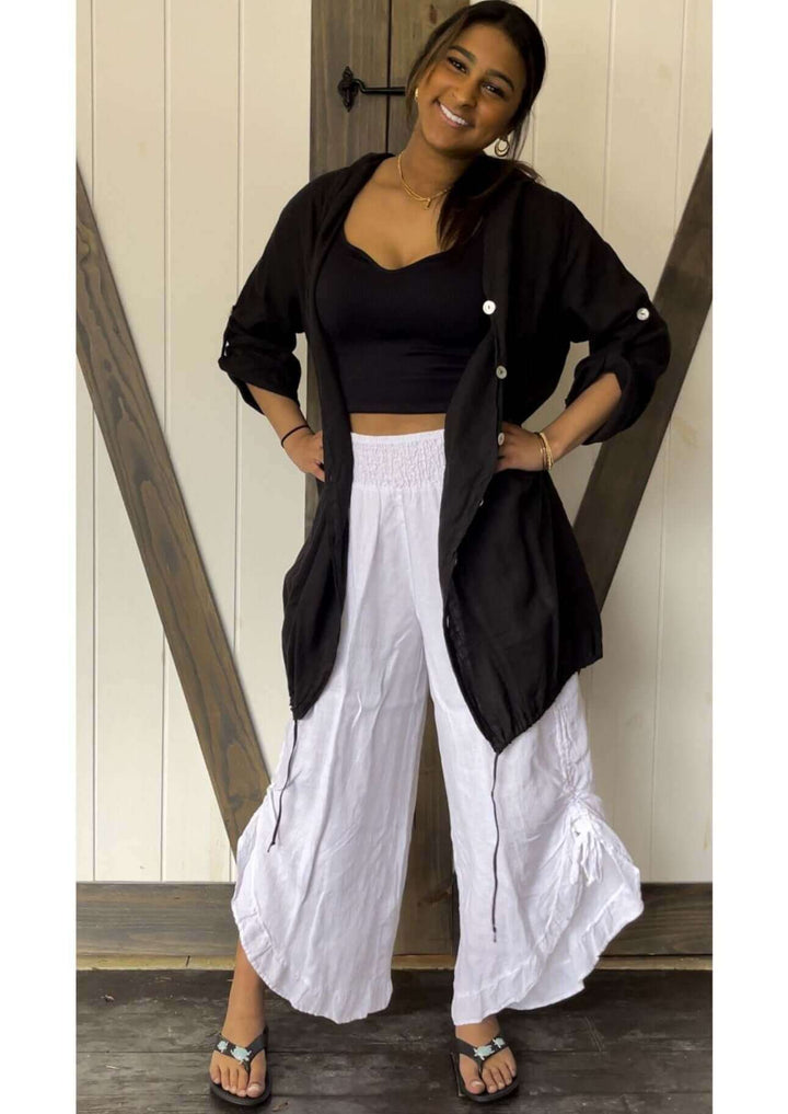 USA Made 100% Linen Ladies White Drawstring Hem Smocked Waist Gypsy Pants  | Match Point Style HLP118 | Classy Cozy Cool Women's Made in America Boutique
