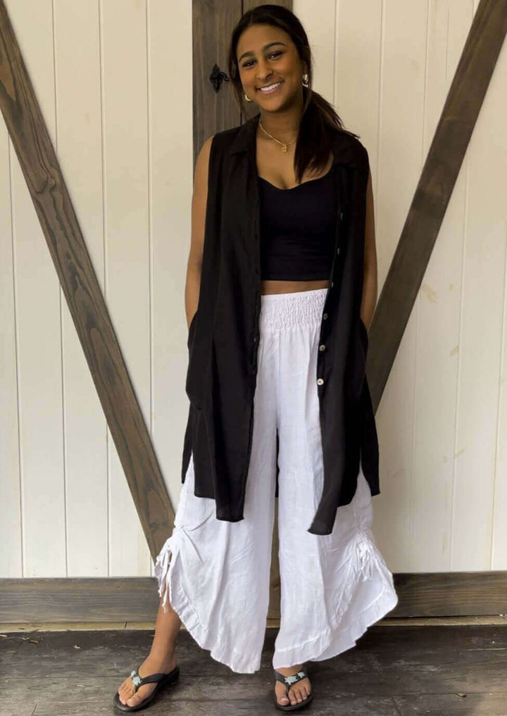 USA Made 100% Linen Ladies White Drawstring Hem Smocked Waist Gypsy Pants  | Match Point Style HLP118 | Classy Cozy Cool Women's Made in America Boutique