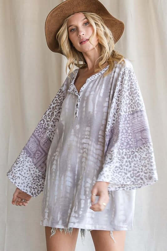 Brand: Bucket List | Mixed Media Henley Oversized Top | Style# T1400 | Proudly Made in the USA | Classy Cozy Cool Women’s Clothing Boutique