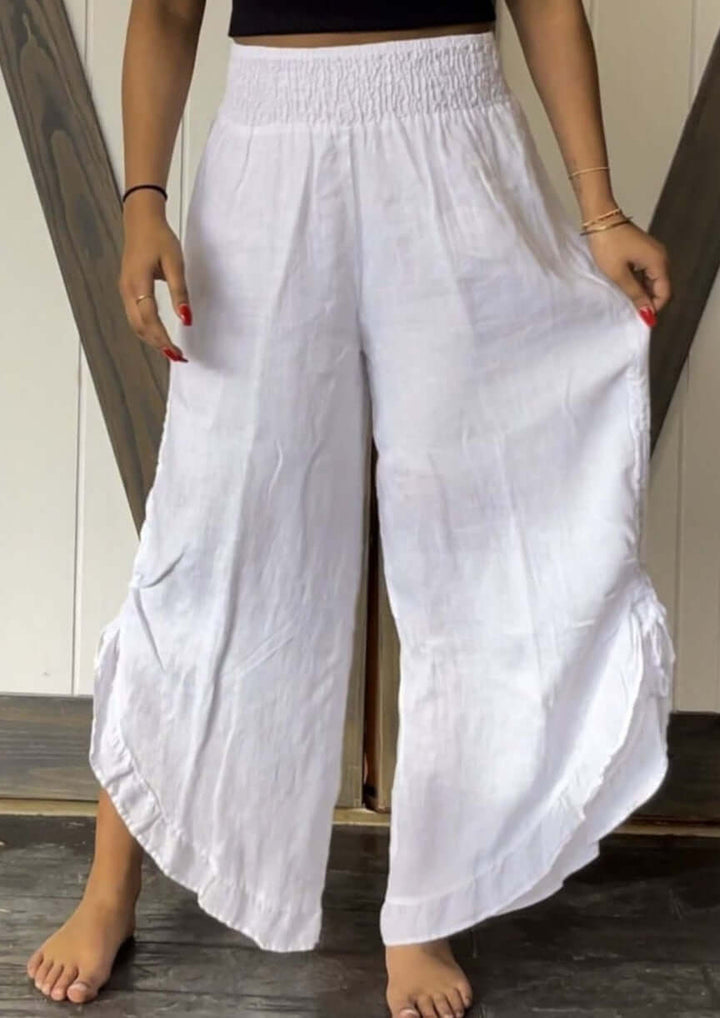 USA Made 100% Linen Ladies White Drawstring Hem Smocked Waist Gypsy Pants  | Match Point Style HLP118 | Classy Cozy Cool Women's Made in America Boutique