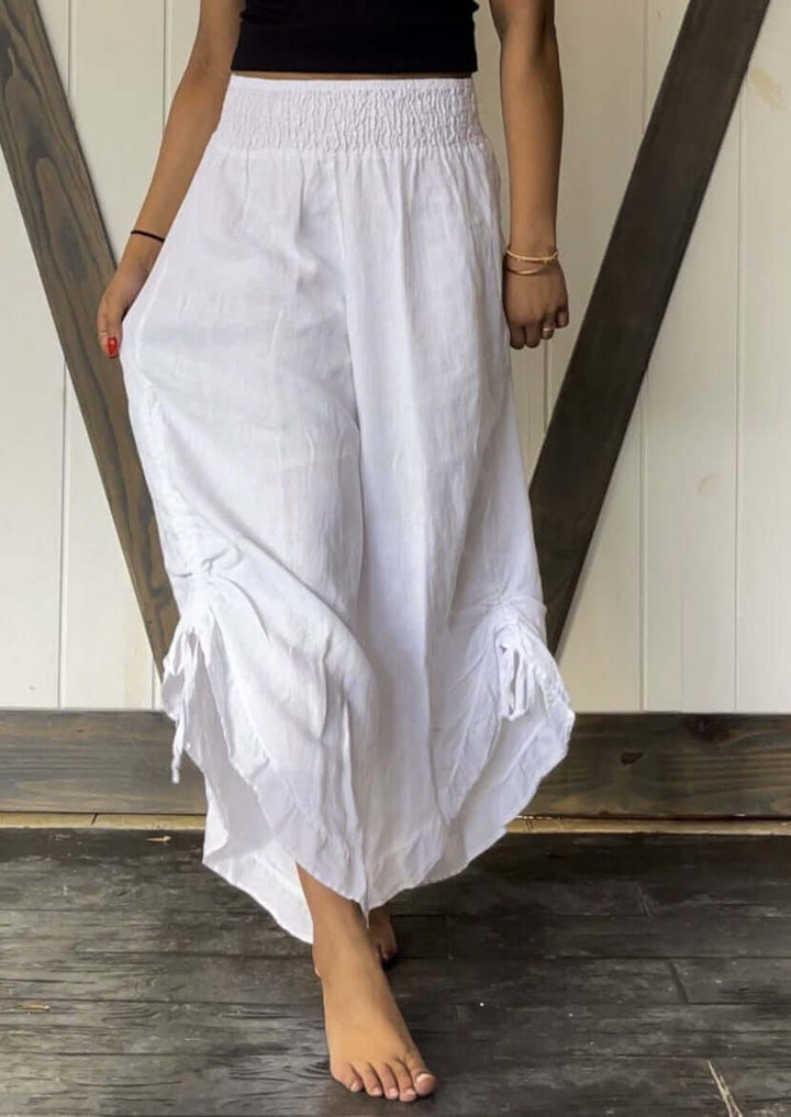 USA Made 100% Linen Ladies White Drawstring Hem Smocked Waist Gypsy Pants  | Match Point Style HLP118 | Classy Cozy Cool Women's Made in America Boutique