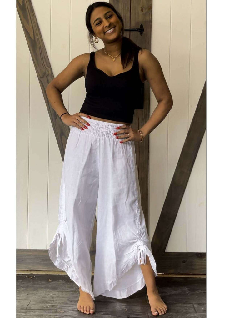 USA Made 100% Linen Ladies White Drawstring Hem Smocked Waist Gypsy Pants  | Match Point Style HLP118 | Classy Cozy Cool Women's Made in America Boutique