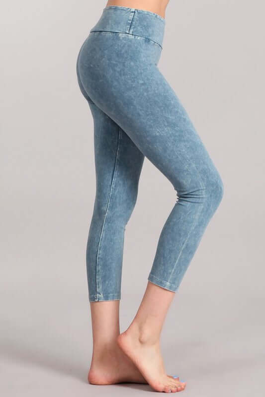Chatoyant Mineral Washed Capri Leggings with Wide Waist Band | Style# C30461 | Made in USA with USA Made Fabric | Classy Cozy Cool American Boutique