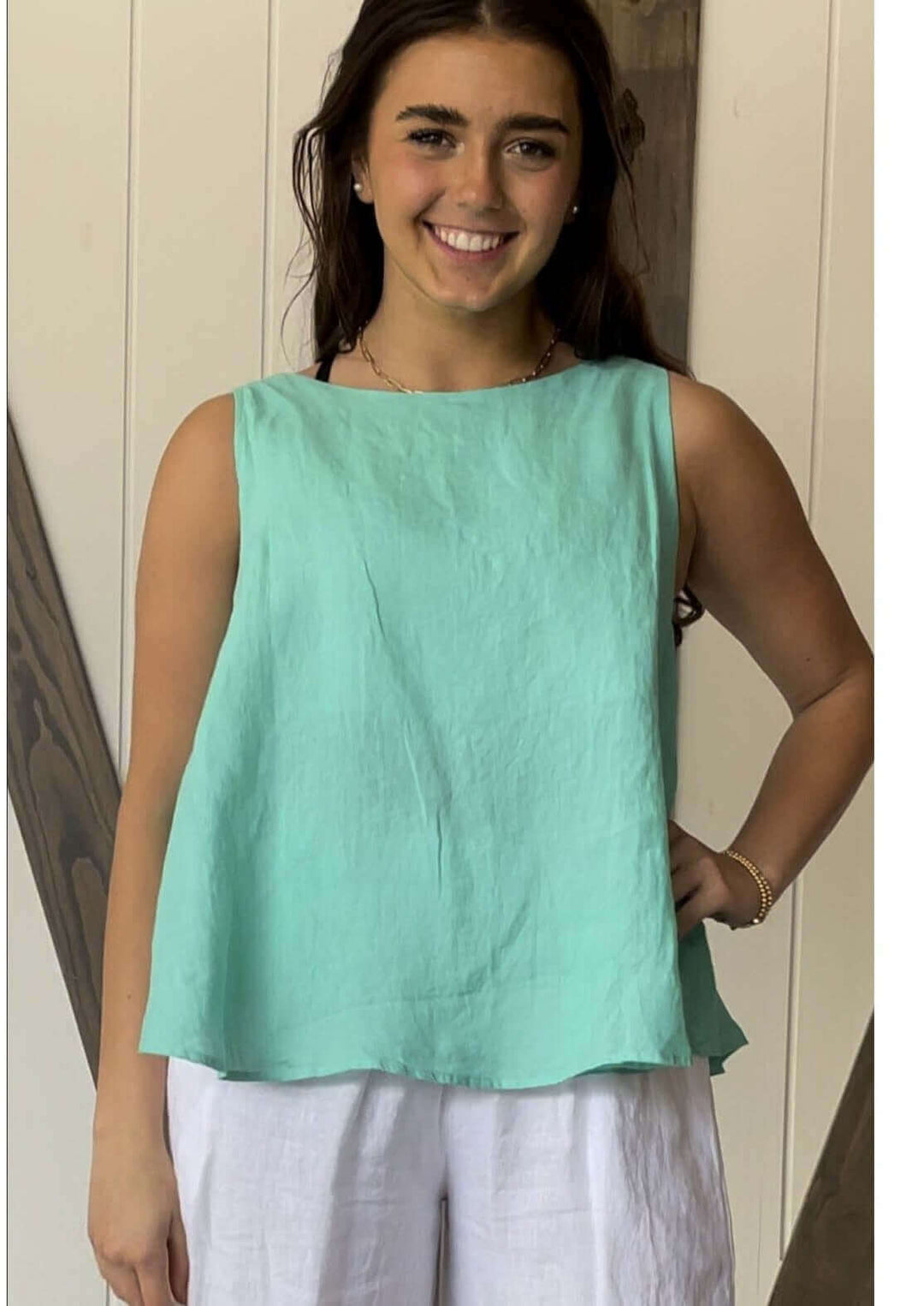 USA Made 100% Linen Ladies Sleeveless Double Layer Aqua Blue Green Top | Match Point Style PLT2374 | Classy Cozy Cool Women's Made in America Boutique