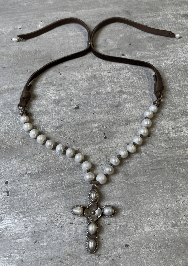 Freshwater Pearl Cross Statement Necklace with Genuine Leather Adjustable Clasp | Made in USA | Classy Cozy Cool Boutique