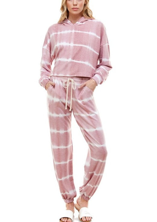 USA Made Ladies Lightweight Sweatsuit.  Light Mauve Tie Dye Striped Jogger Set. Classy Cozy Cool Boutique: where everything is made in America.