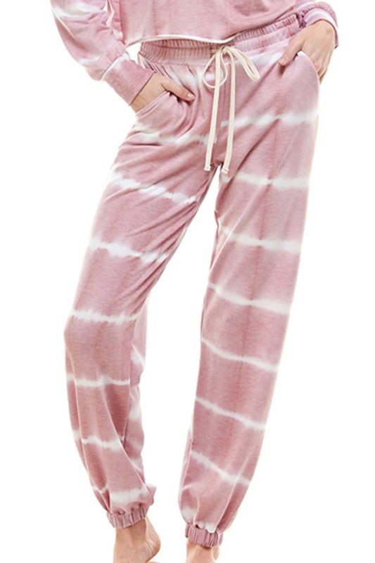 USA Made Ladies Lightweight Sweatsuit.  Light Mauve Tie Dye Striped Jogger Set. Classy Cozy Cool Boutique: where everything is made in America.