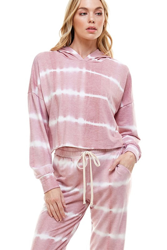 USA Made Ladies Lightweight Sweatsuit.  Light Mauve Tie Dye Striped Jogger Set. Classy Cozy Cool Boutique: where everything is made in America.