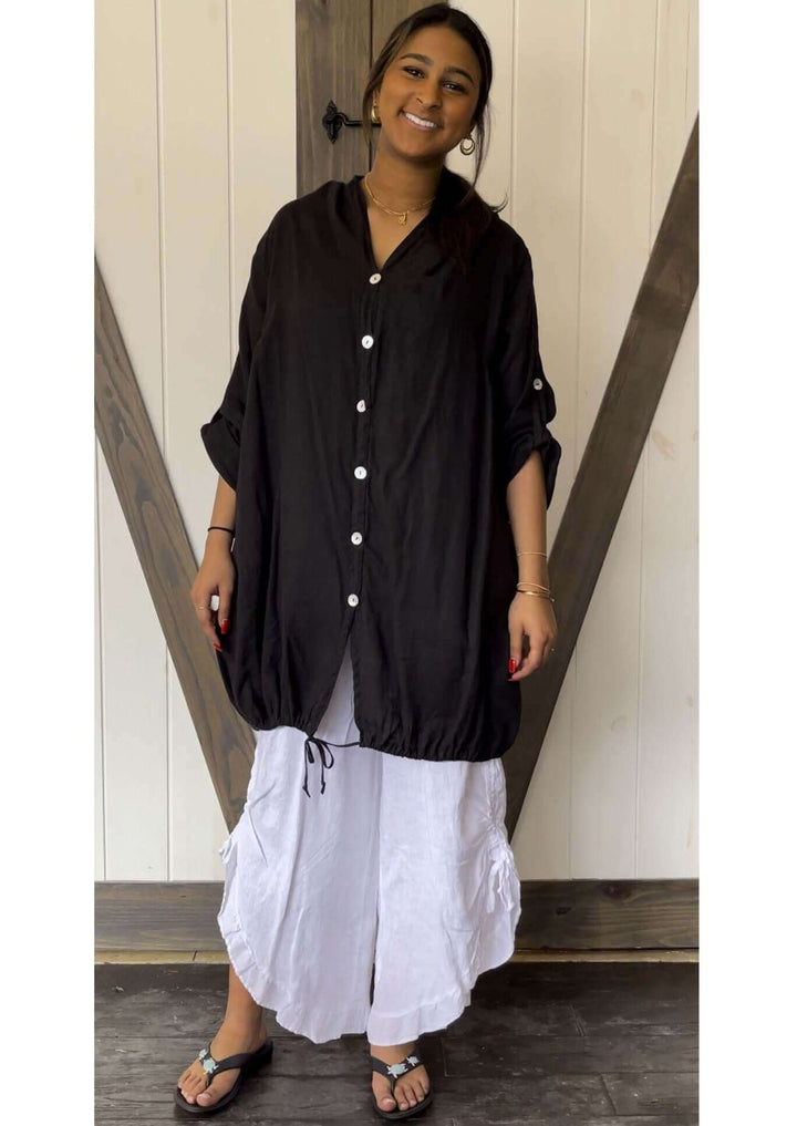 USA Made 100% Linen Ladies Long Sleeve Button Down Hoodie Jacket in Black | Match Point Style HLT551 | Classy Cozy Cool Women's Made in America Boutique