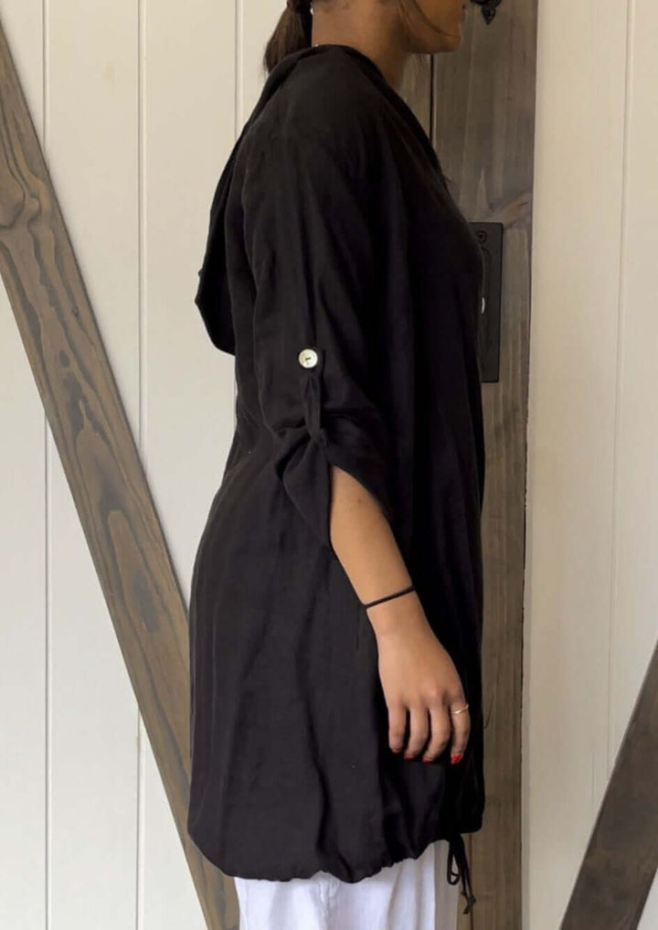 USA Made 100% Linen Ladies Long Sleeve Button Down Hoodie Jacket in Black | Match Point Style HLT551 | Classy Cozy Cool Women's Made in America Boutique