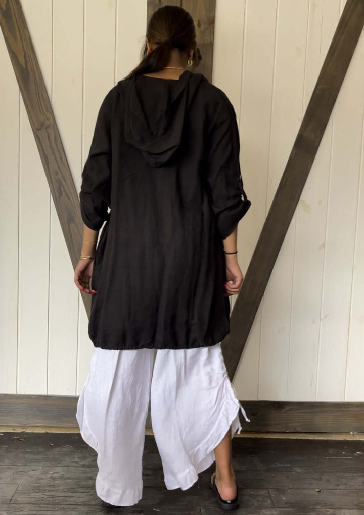 USA Made 100% Linen Ladies Long Sleeve Button Down Hoodie Jacket in Black | Match Point Style HLT551 | Classy Cozy Cool Women's Made in America Boutique